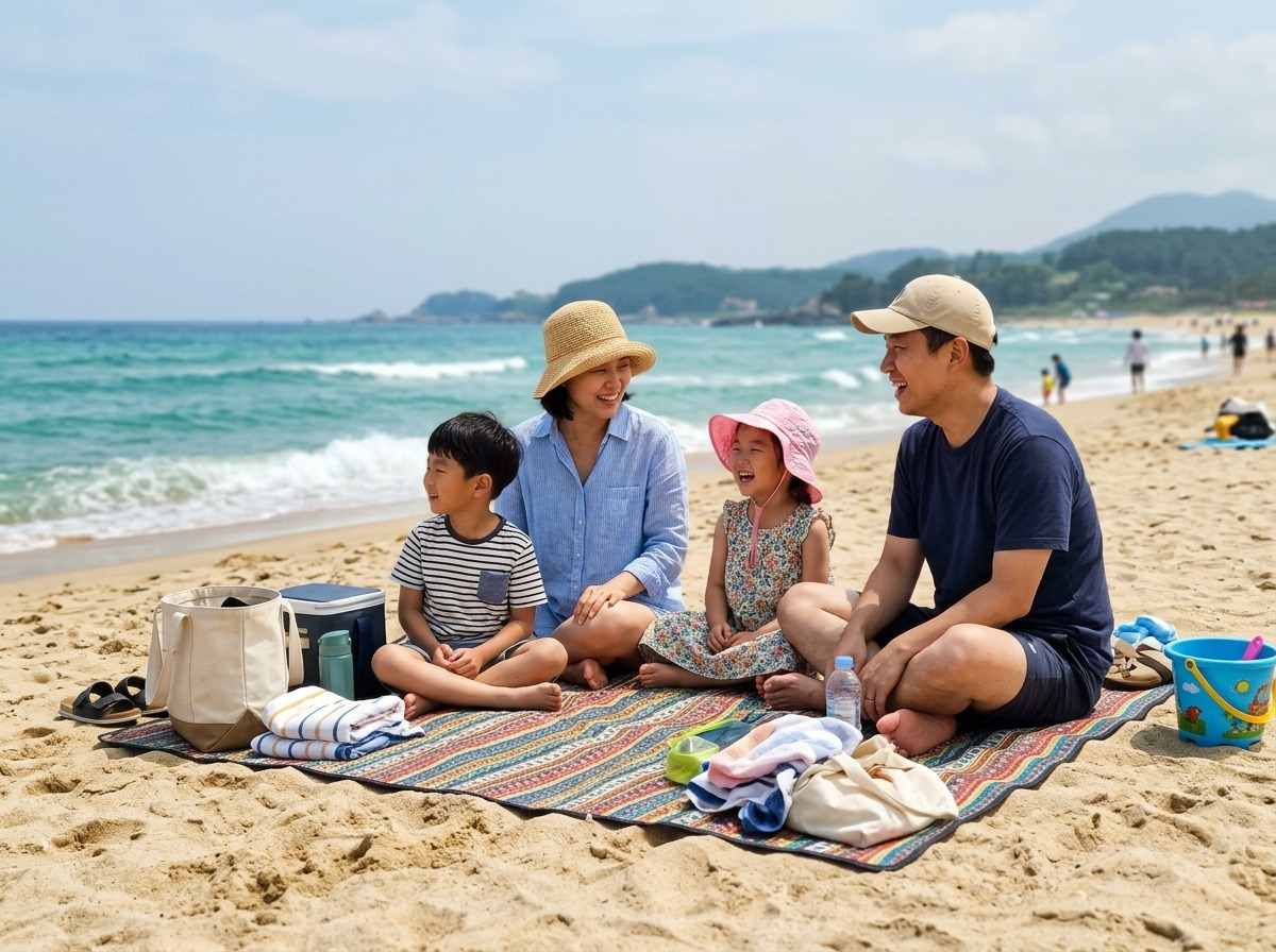 한국의 아름다운 해변에서 시원한 바닷바람을 맞으며 휴식을 취하는 한국인 가족