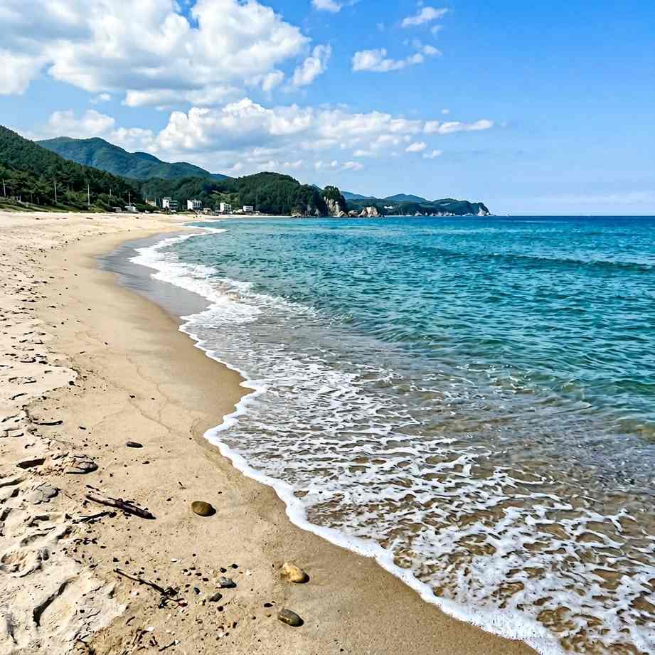 한국의 푸른 해변과 맑은 하늘이 보이는 풍경