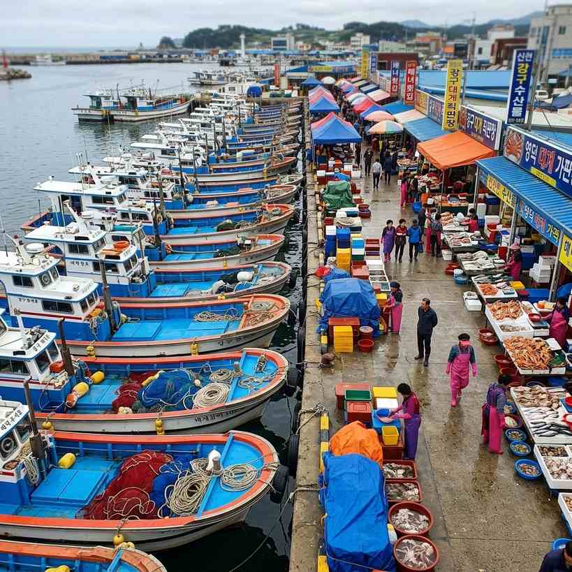 경북 영덕 강구항에 정박한 어선들과 활기찬 시장 풍경
