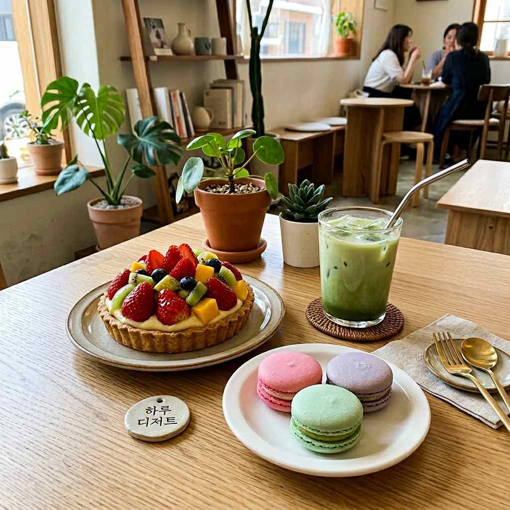 한국의 인기 여름 디저트 카페 내부 테이블에 놓인 화려한 과일 타르트와 마카롱
