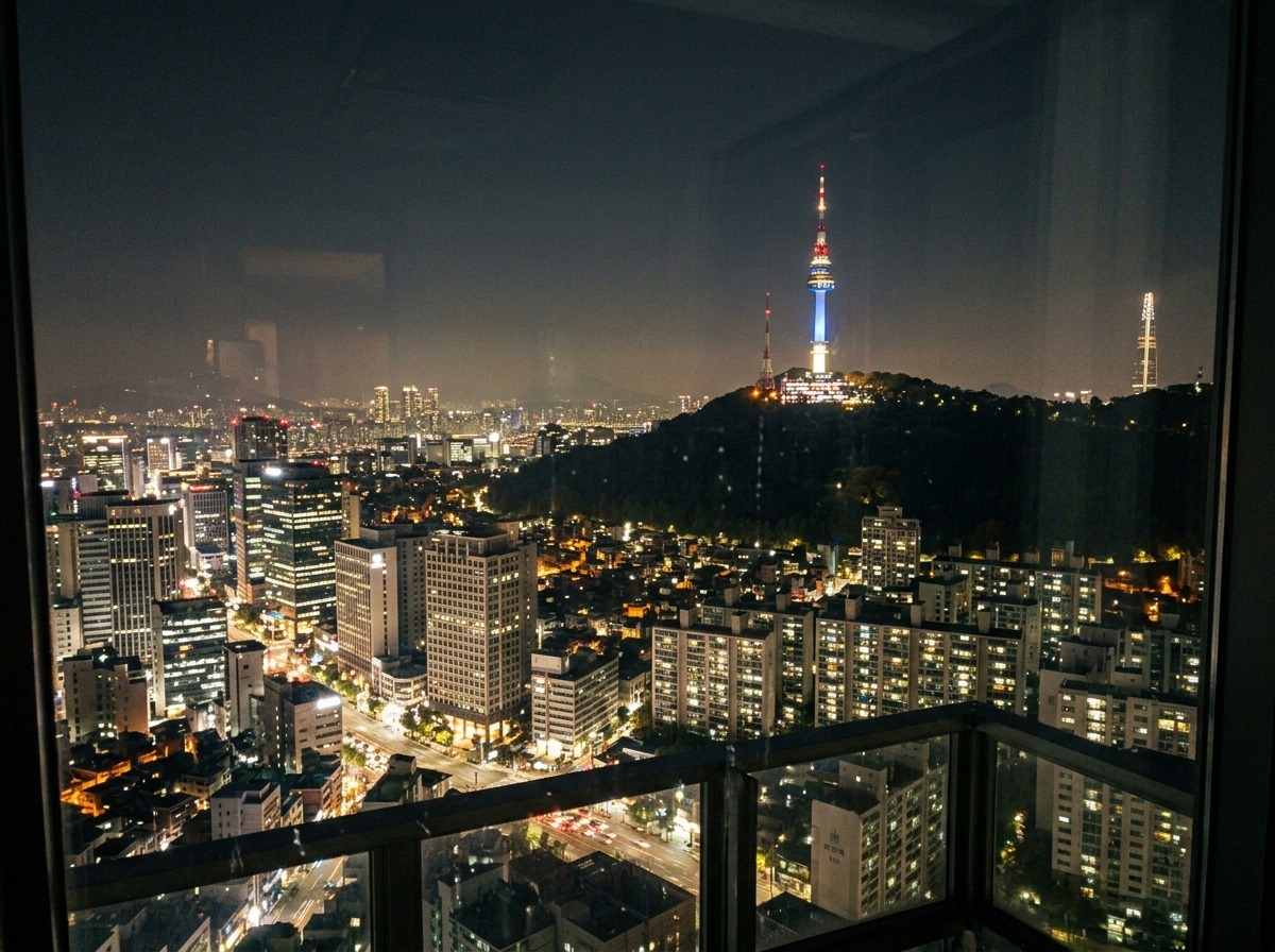 한국 서울의 밤, 화려한 도시 불빛과 함께 빛나는 N서울타워의 모습