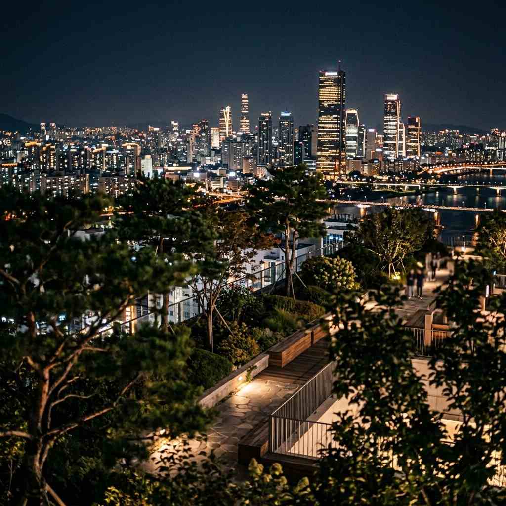 한국 서울 더현대 서울 옥상정원에서 보이는 밤의 도시 풍경과 나무들