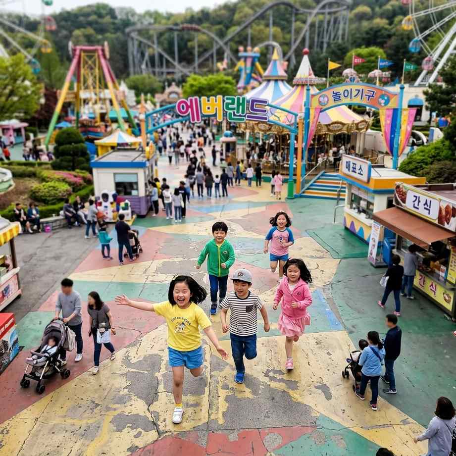 아이들이 신나게 뛰어노는 용인 에버랜드의 놀이공원 전경