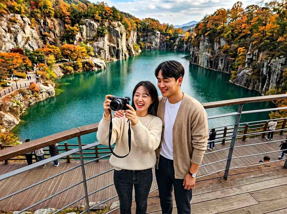 포천 아트밸리에서 아름다운 호수를 배경으로 사진 찍는 커플
