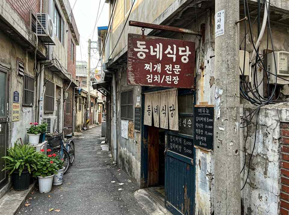 한국의 한적한 동네 골목길에 위치한 작은 식당 간판