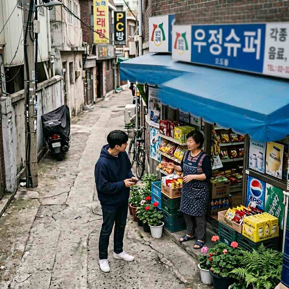 한국 동네 골목길에서 가게 주인과 대화하는 한국인