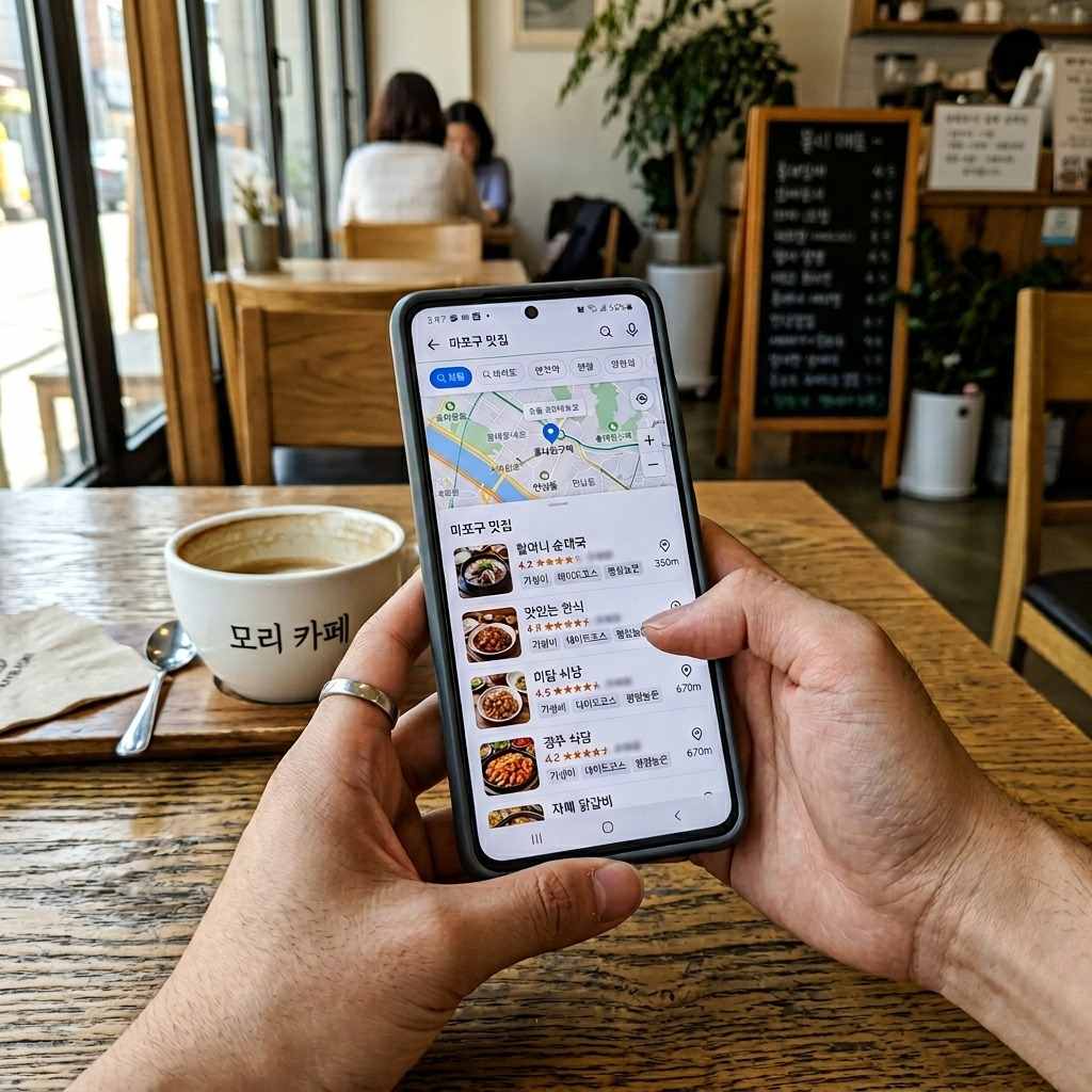 한국인 사용자가 스마트폰으로 네이버 지도를 보며 맛집을 검색하는 모습