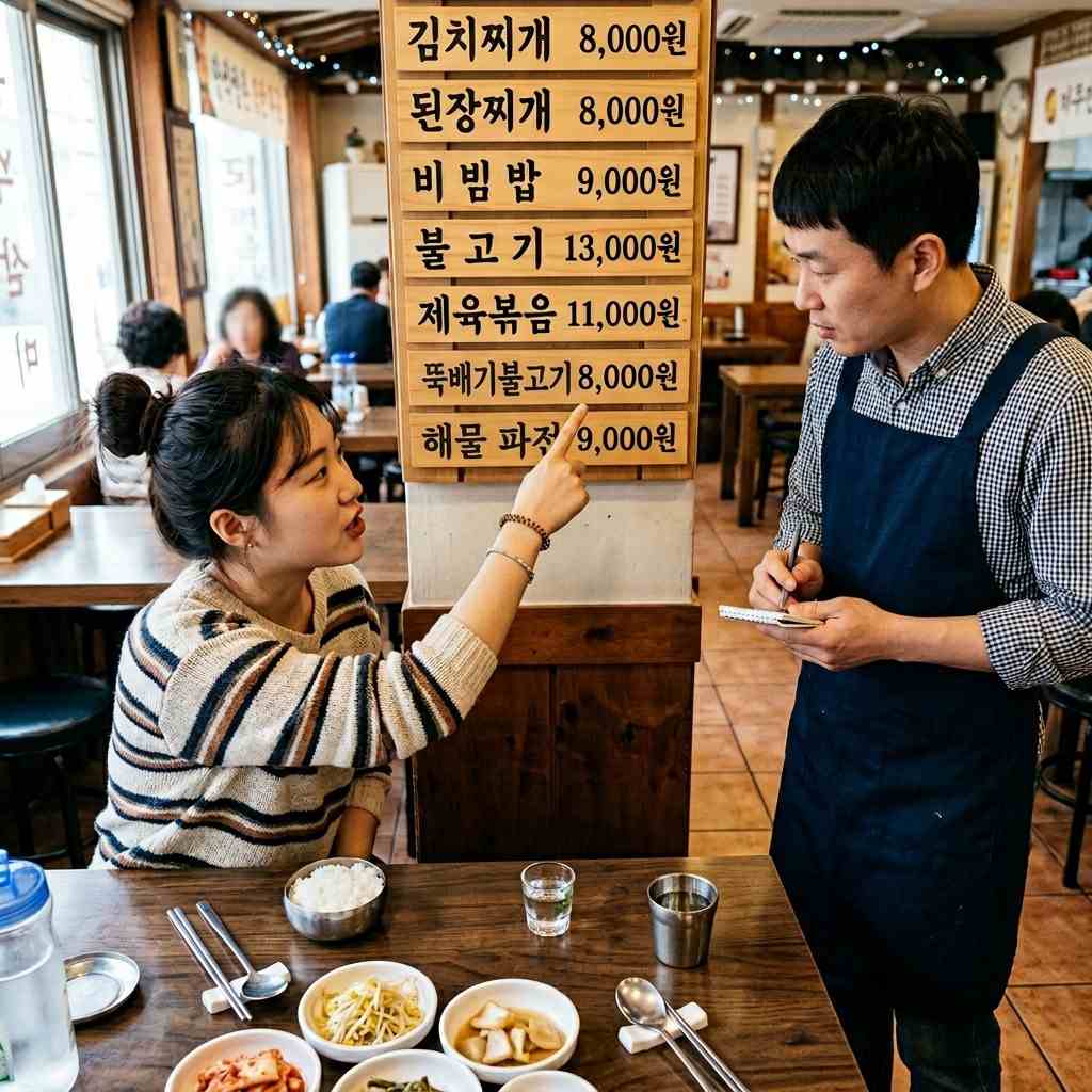 한국 식당에서 메뉴판을 가리키며 직원과 대화하는 한국인
