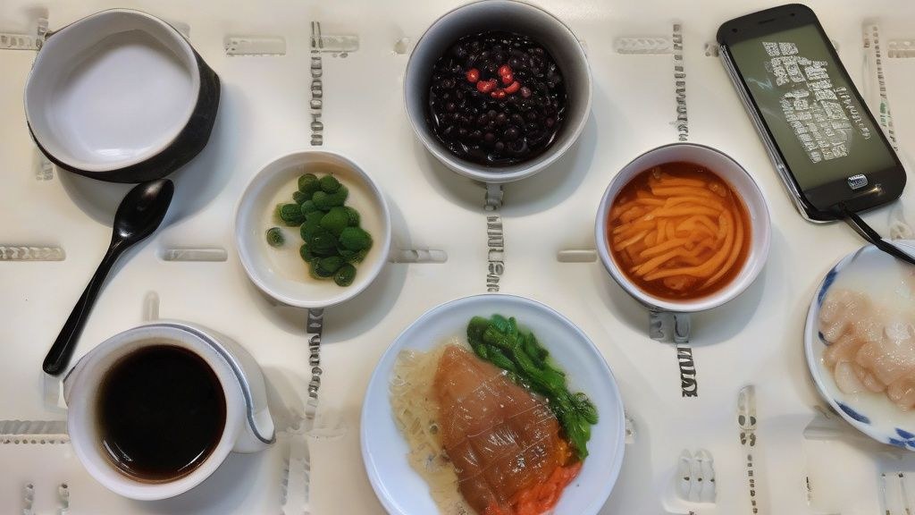 한국인이 깔끔한 식탁보가 놓인 테이블에 앉아 스마트폰으로 맛집 리스트를 확인하는 모습