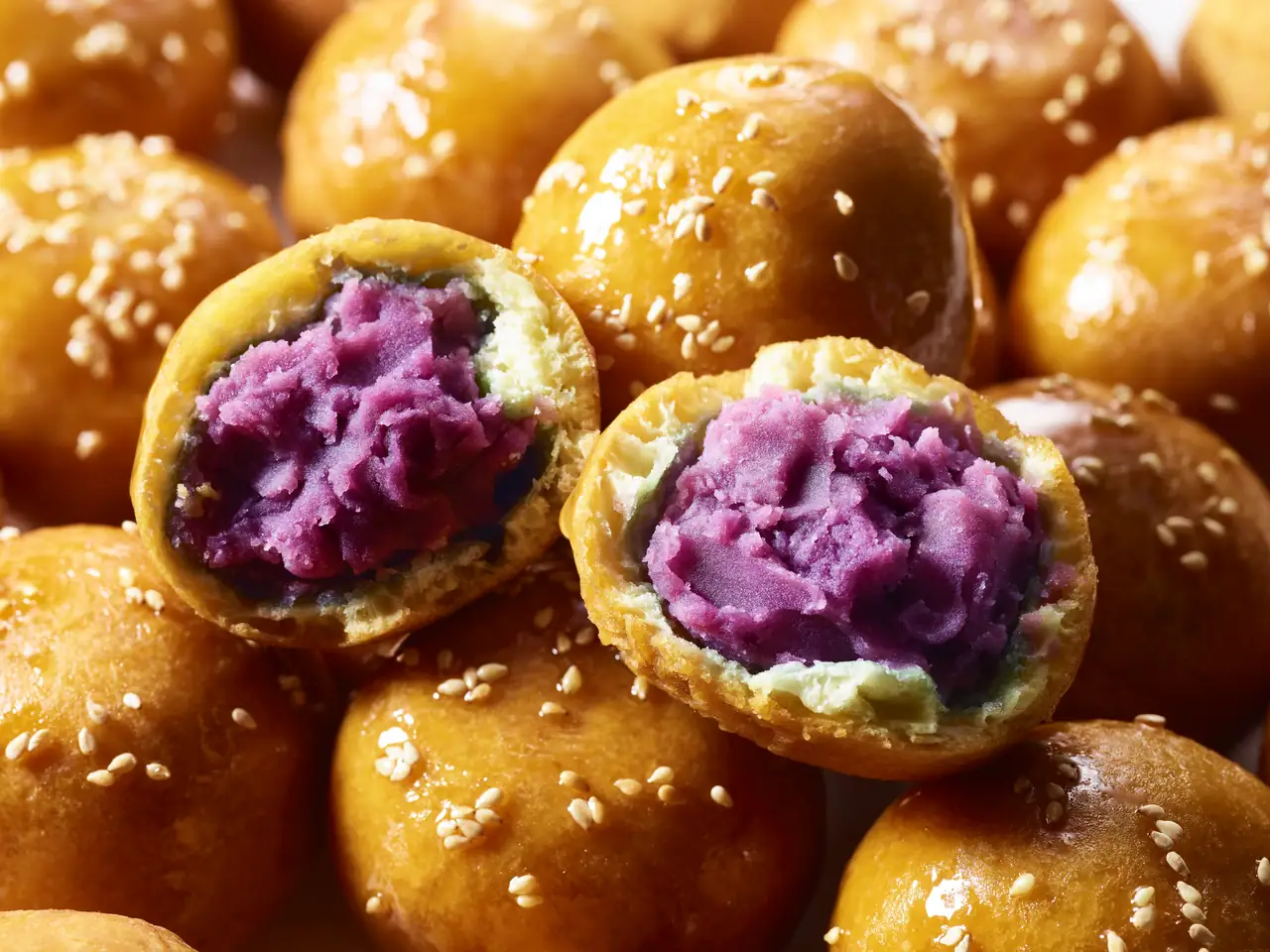 한국 전통 시장 거리의 한글 간판이 보이는 꿀빵 가게 앞에 가지런히 놓인 꿀빵 상자들